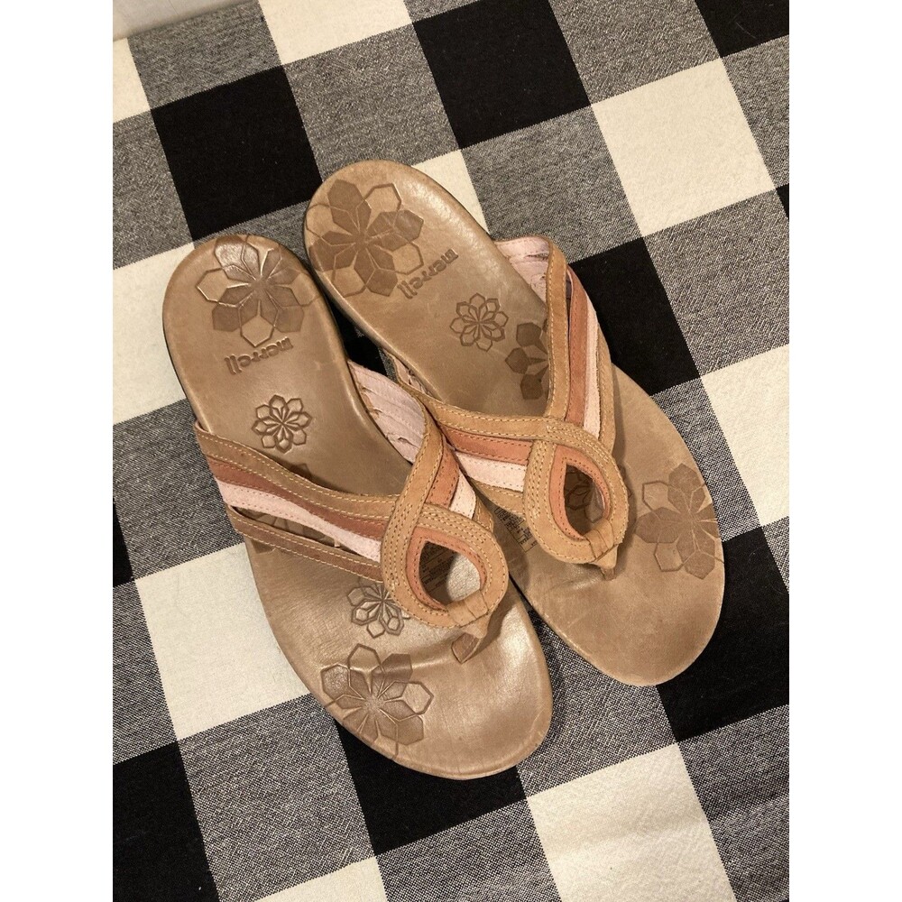 Merrell Lidia Pink Brown Leather Strappy Sandals Flip Flops Thongs Sz 9 Beach - Picture 2 of 7